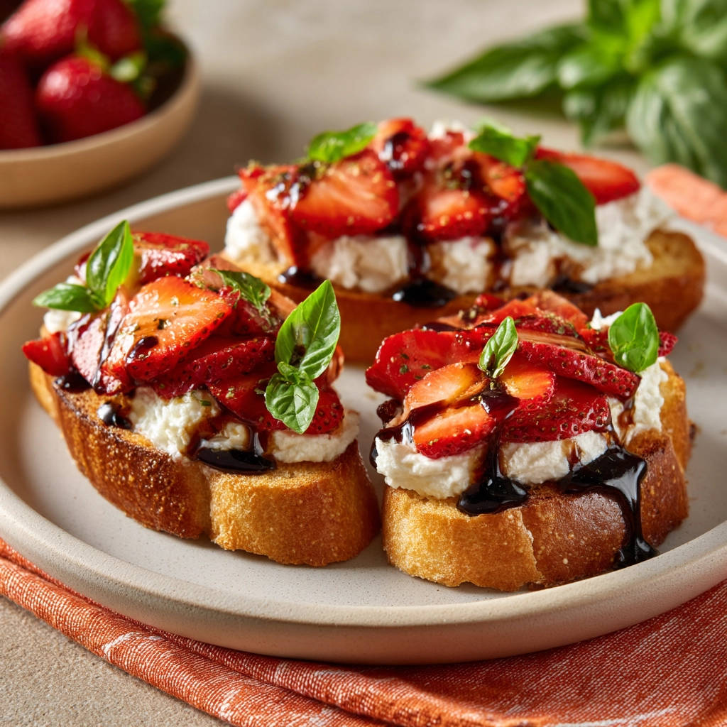 Easy strawberry balsamic bruschetta served on a plate with three pieces, garnished with basil and drizzled with balsamic glaze.