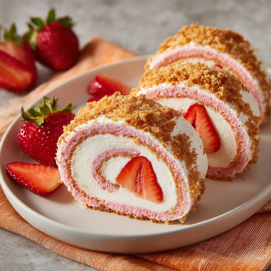 1 Easy Strawberry Cream Roll sliced to reveal a cross-section with fresh strawberries and cream filling.