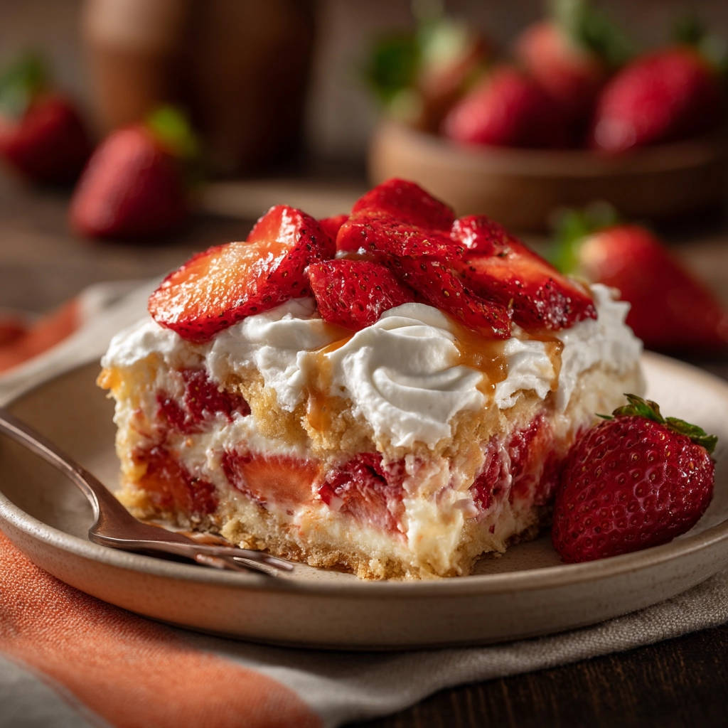 Perfect Easy Strawberry Crumble Cake served as a plated slice with whipped cream and strawberries.