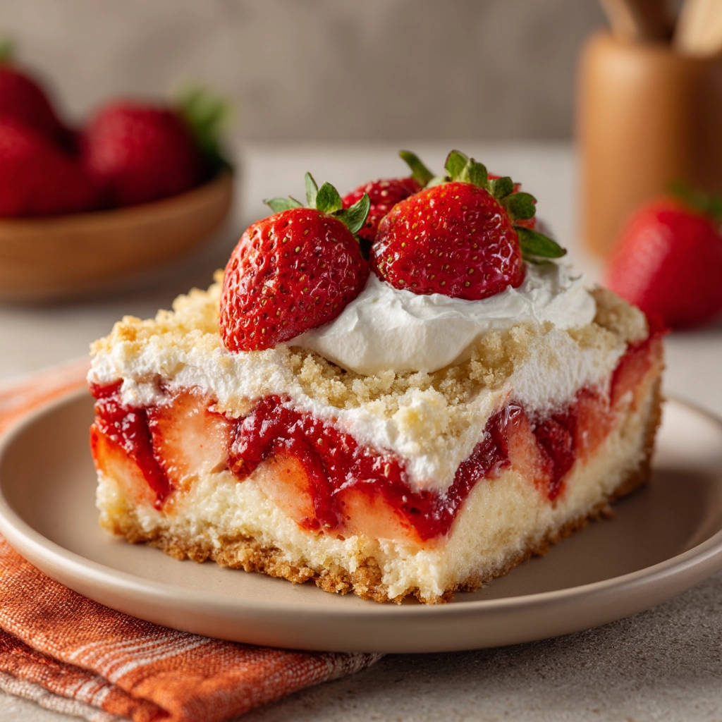 Easy strawberry crumble cake slice served on a plate with fresh strawberries and whipped cream topping.