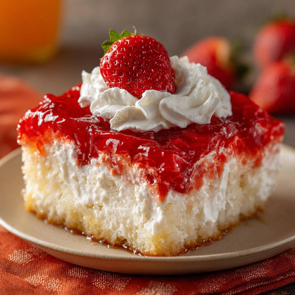 Strawberry Jello Cake served as a single plated slice, showcasing its layered texture and strawberry topping.