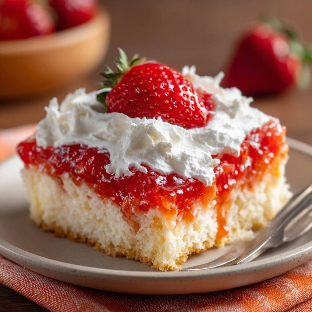 Strawberry Jello Cake, a single slice plated and topped with whipped cream and a fresh strawberry garnish.