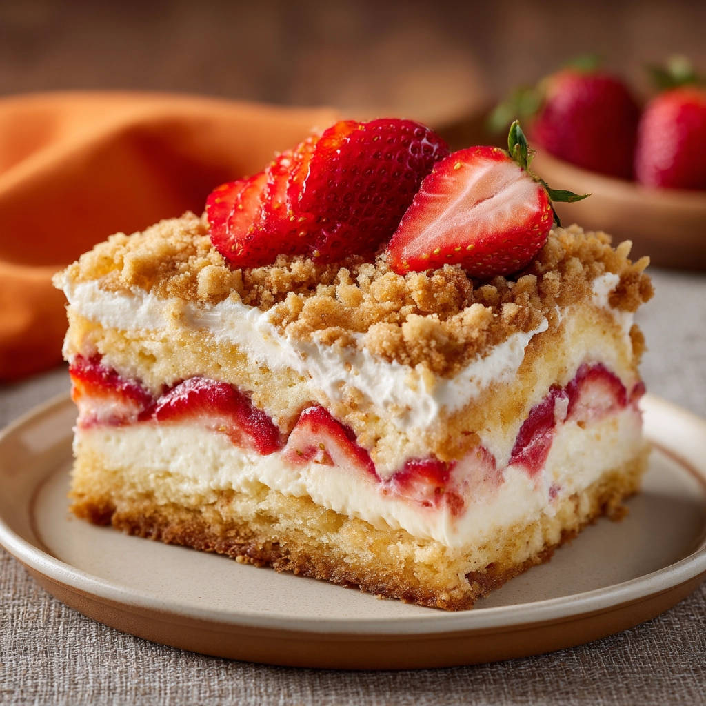 Strawberry layer cake cross-section slice showing layers of cake, cream and fresh strawberries, topped with crumble and fruit.