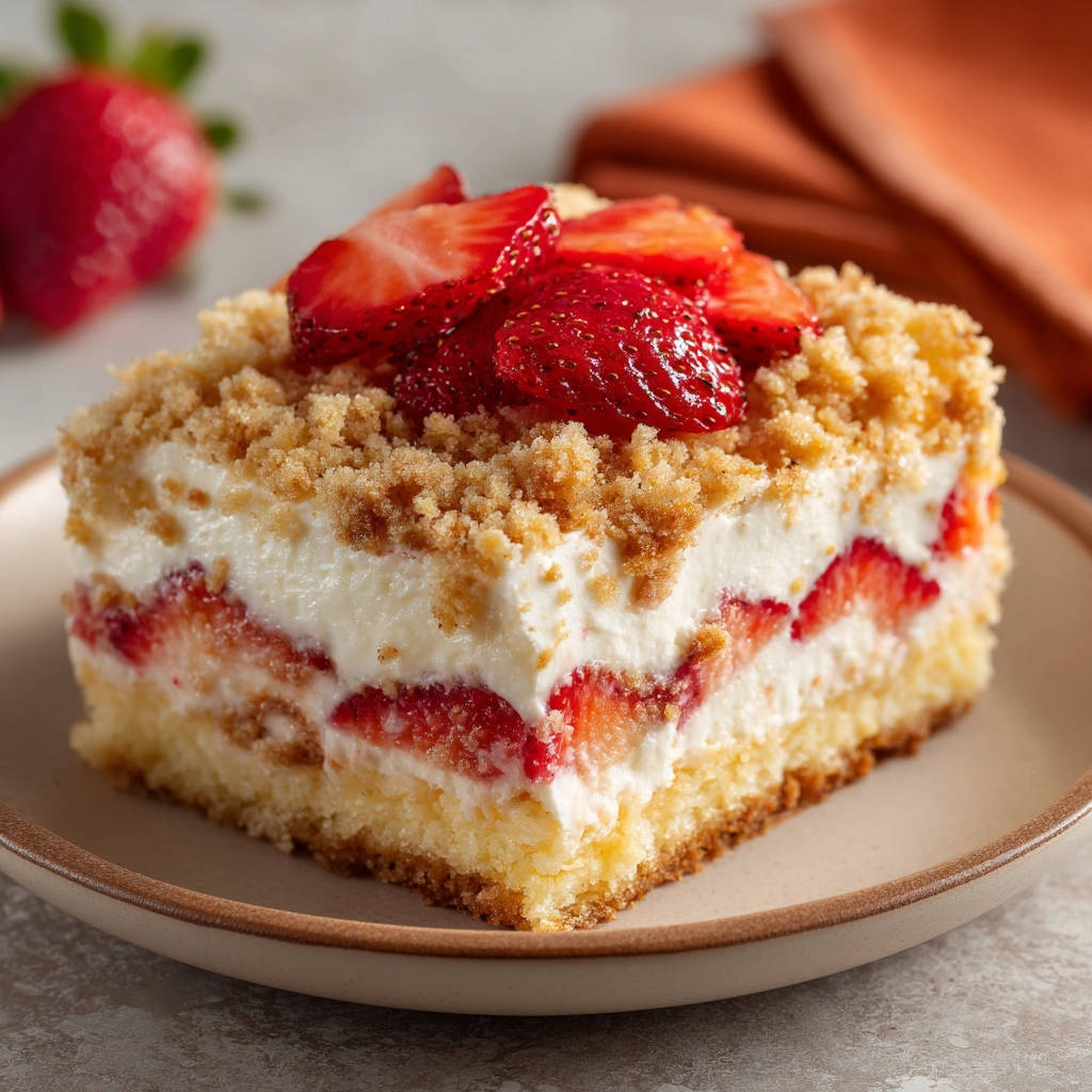 Strawberry layer cake cross-section showing fresh strawberries and cream, topped with crumble and sliced strawberries.