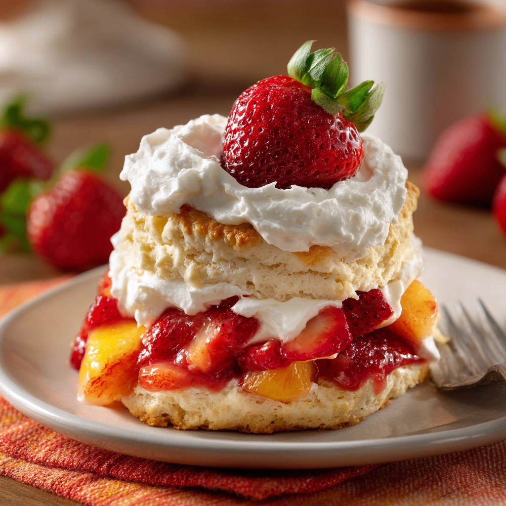 Fluffy strawberry peach shortcake recipe shown as a single serving plated with a close-up view of the fruit and cream layers.