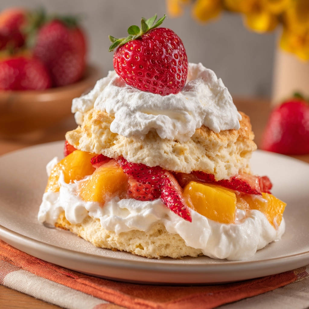 Fluffy strawberry peach shortcake recipe shown as a single plated serving with a close-up view of the layers.