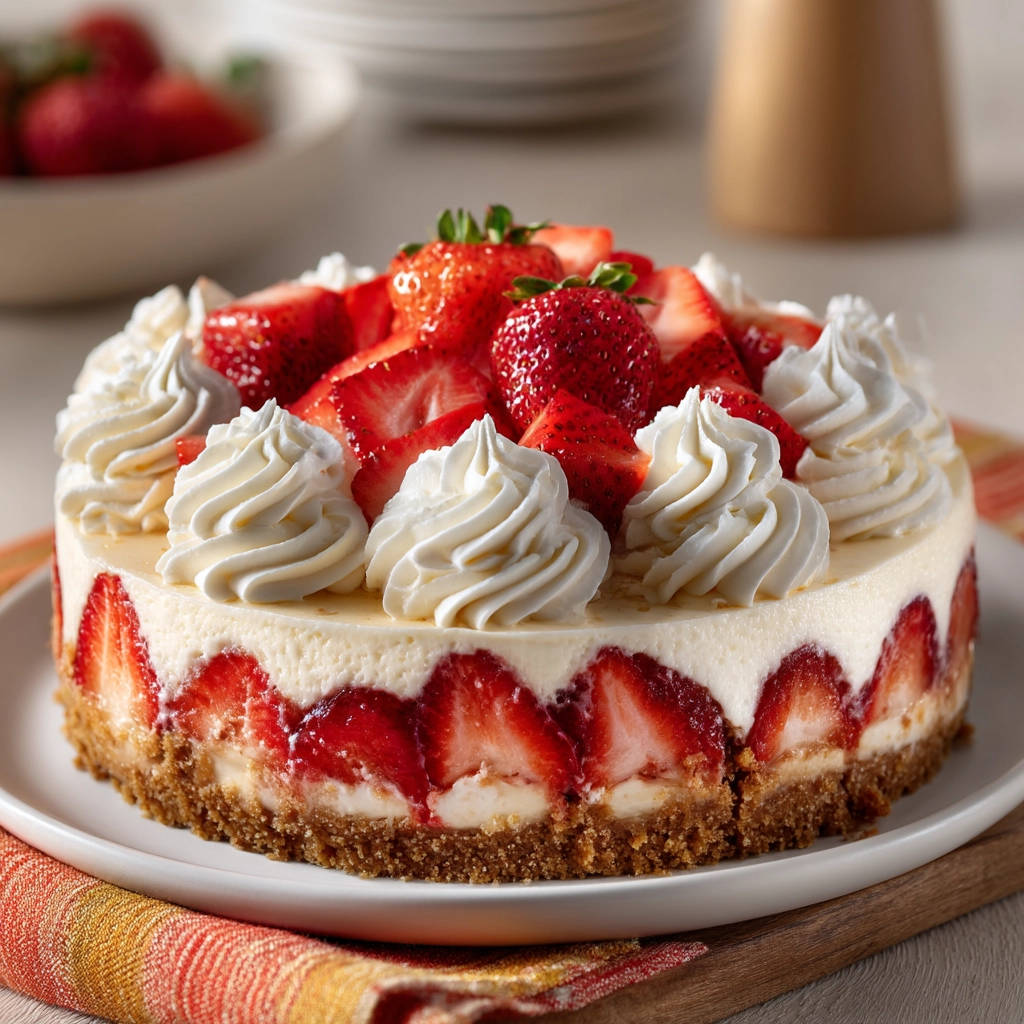 Strawberry swirl cheesecake decorated with fresh strawberries and piped whipped cream on top.