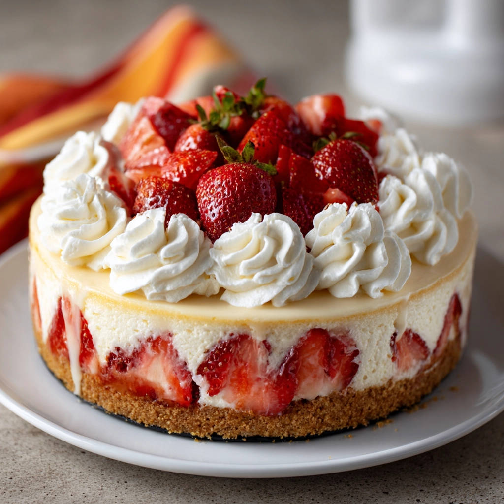 Strawberry swirl cheesecake on a white plate, showcasing fresh strawberries embedded around the sides and topped with whipped cream.