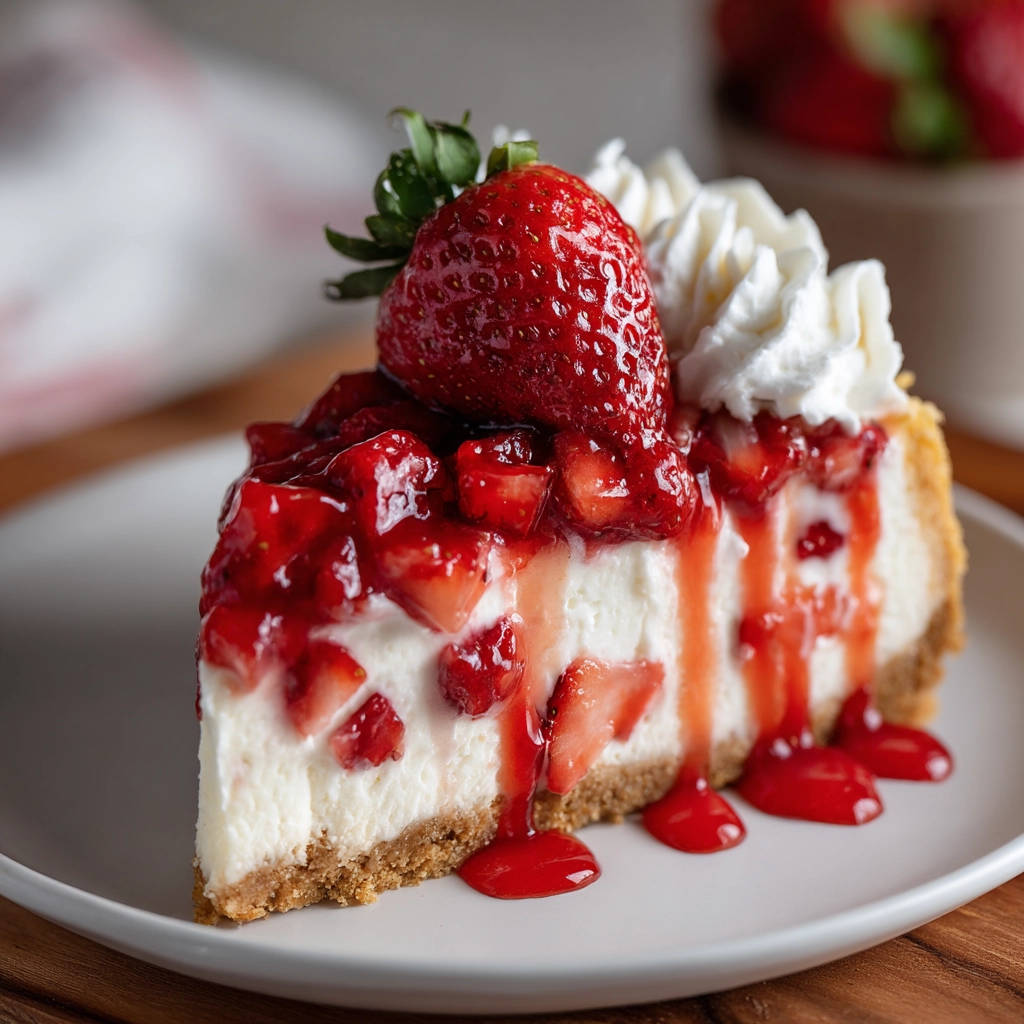 Strawberry swirl cheesecake, a single slice presented on a white plate with a close-up view of the creamy filling and strawberry topping.