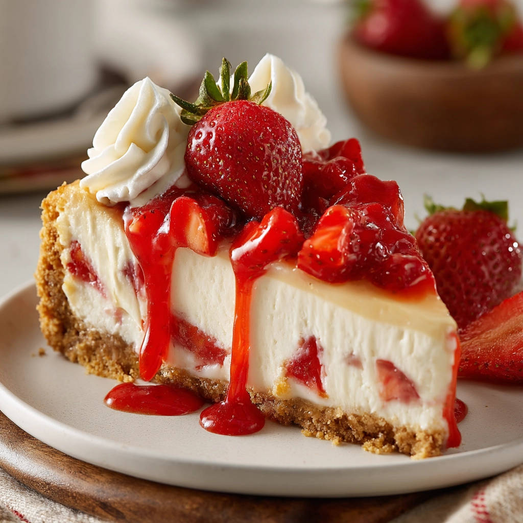 Strawberry swirl cheesecake slice drizzled with sauce and topped with fresh strawberries on a plate.