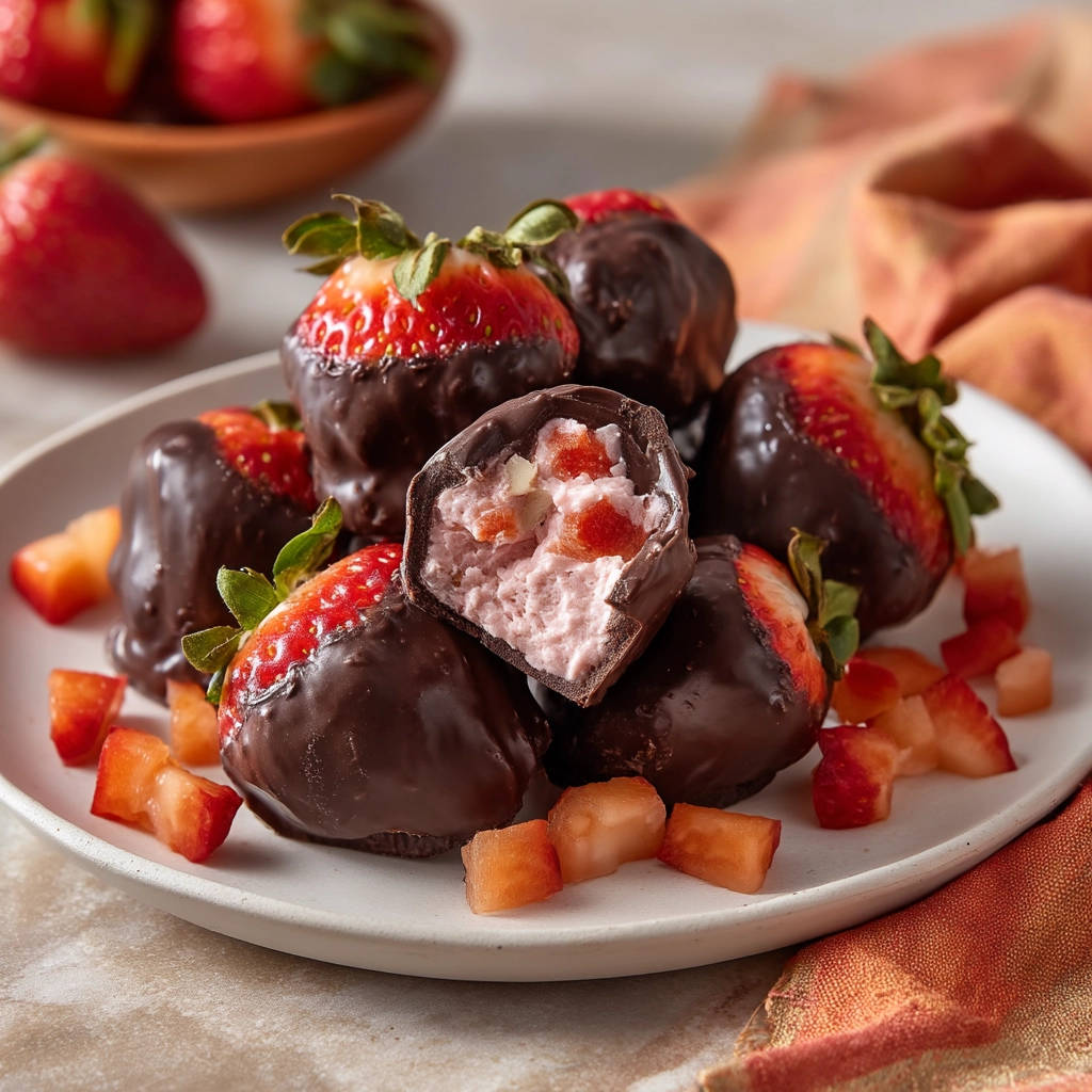 Stuffed chocolate strawberries cross-section revealing creamy filling and diced strawberries inside the chocolate coating.