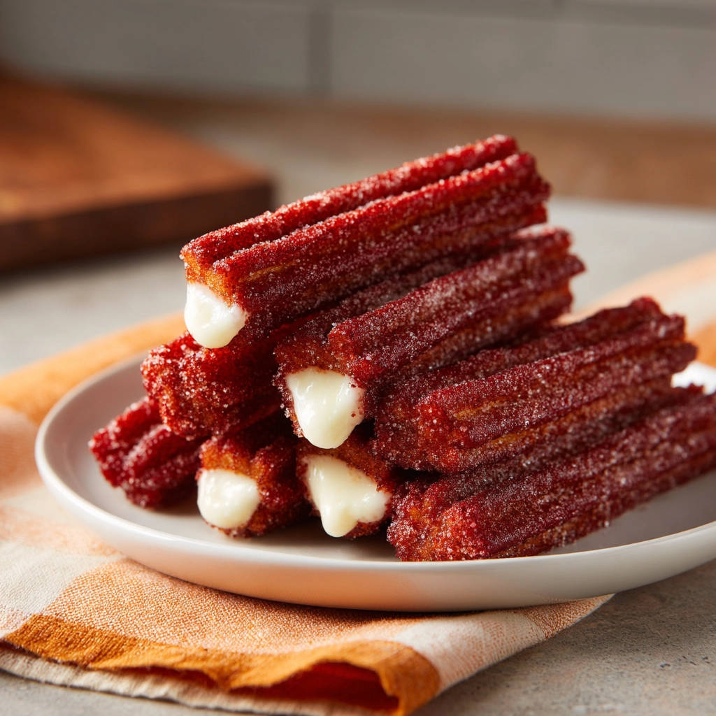 Crispy stuffed churros with a creamy white filling oozing out of the center, a close-up view.