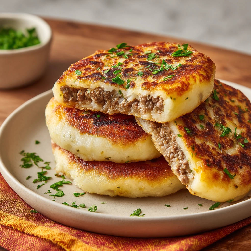 Stuffed potato patties with a cross-section showing the savory meat filling and a golden-brown crust.