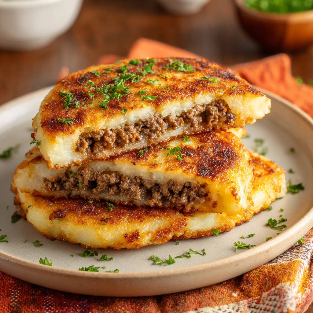 Stuffed potato patties cross-section showing the savory meat filling enclosed in a golden-brown potato crust and garnished with parsley.