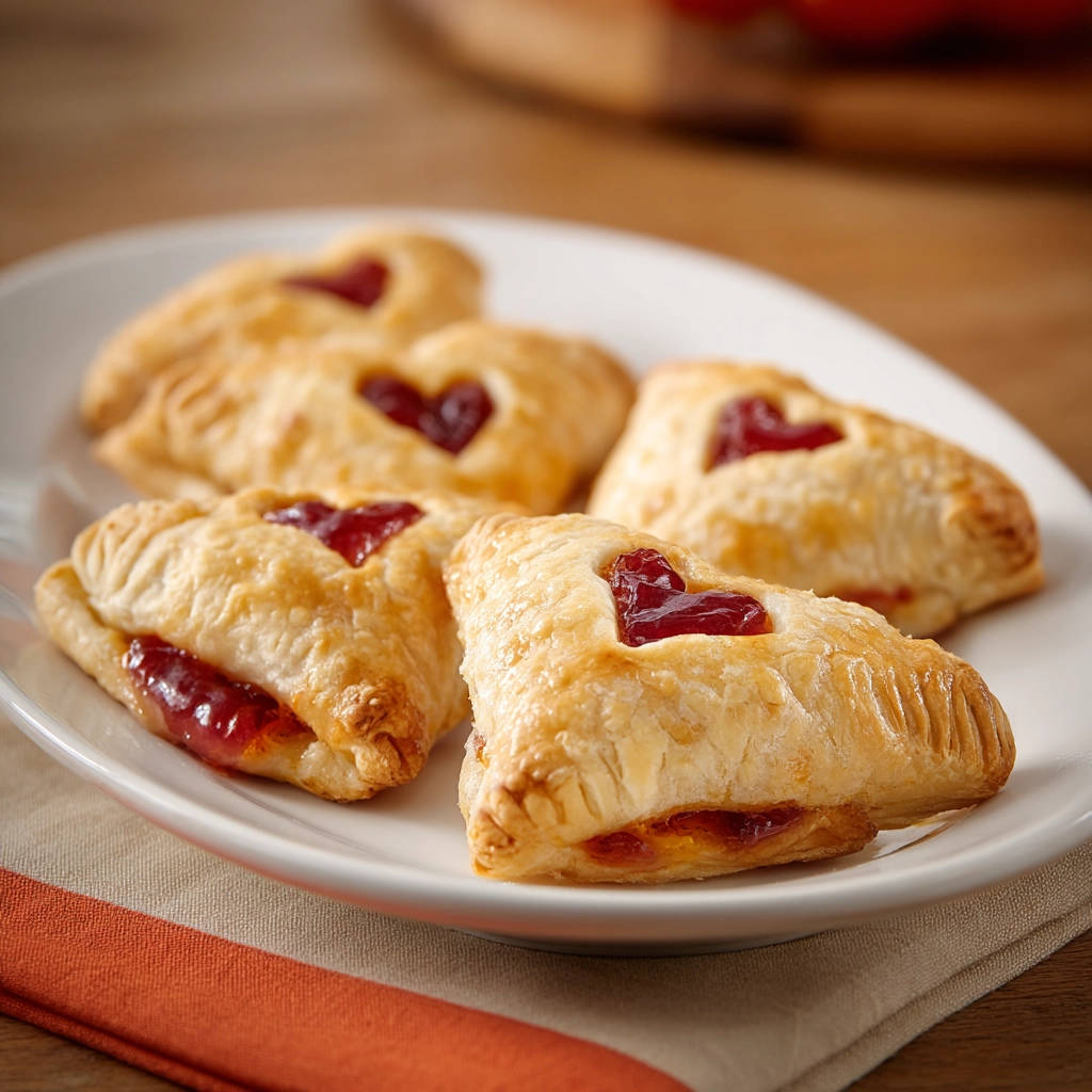 Sweet berry hand pies with a heart-shaped cutout revealing the berry filling, presented on a white plate.
