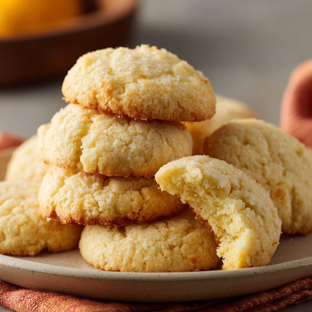 Sweet coconut bites, soft & chewy secret, shown in a stack with one cookie broken open to reveal the interior texture.