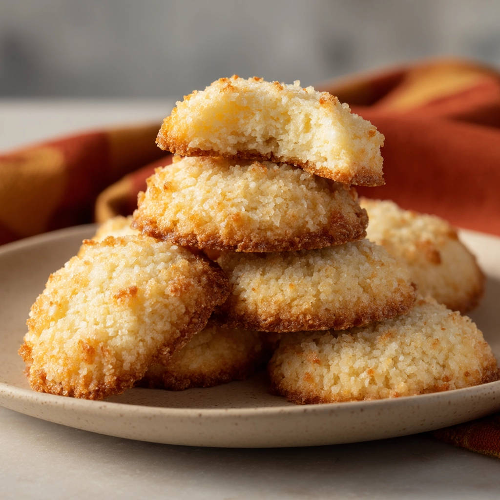 Sweet coconut bites, a stack of soft and chewy cookies with one bitten in half to reveal the interior.