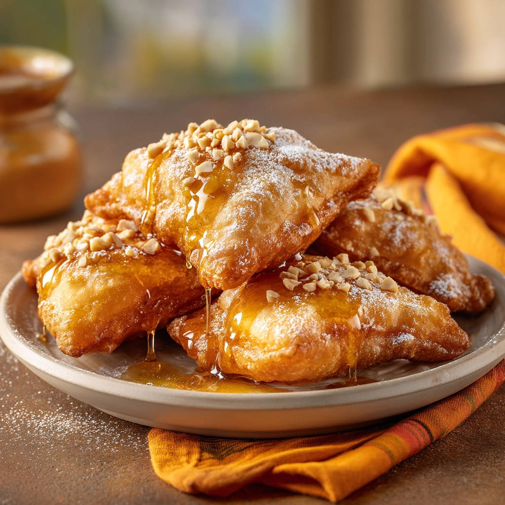 Sweet fried dough bites drizzled with honey and topped with chopped nuts and powdered sugar.