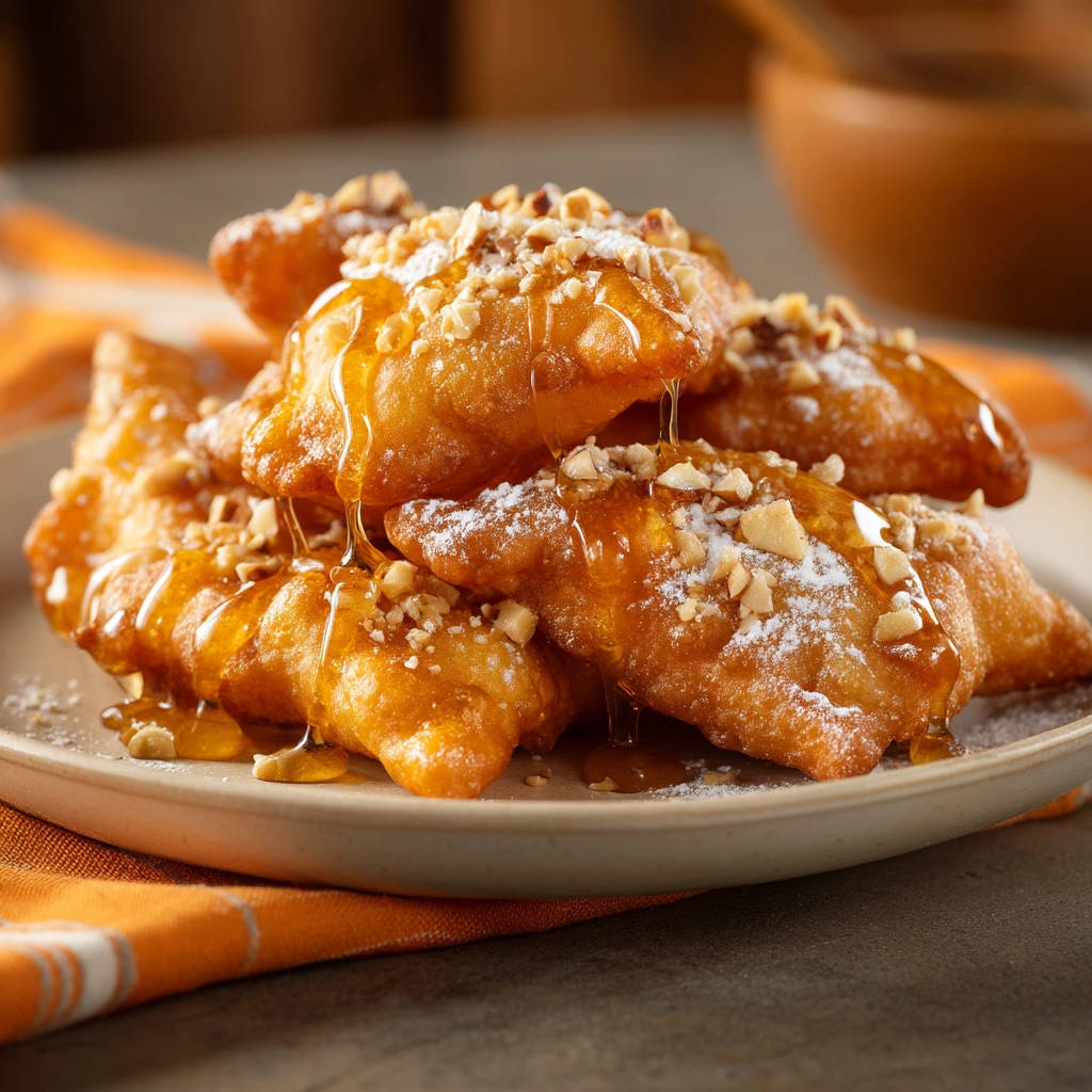 Sweet fried dough bites drizzled with honey and sprinkled with chopped nuts on a plate.