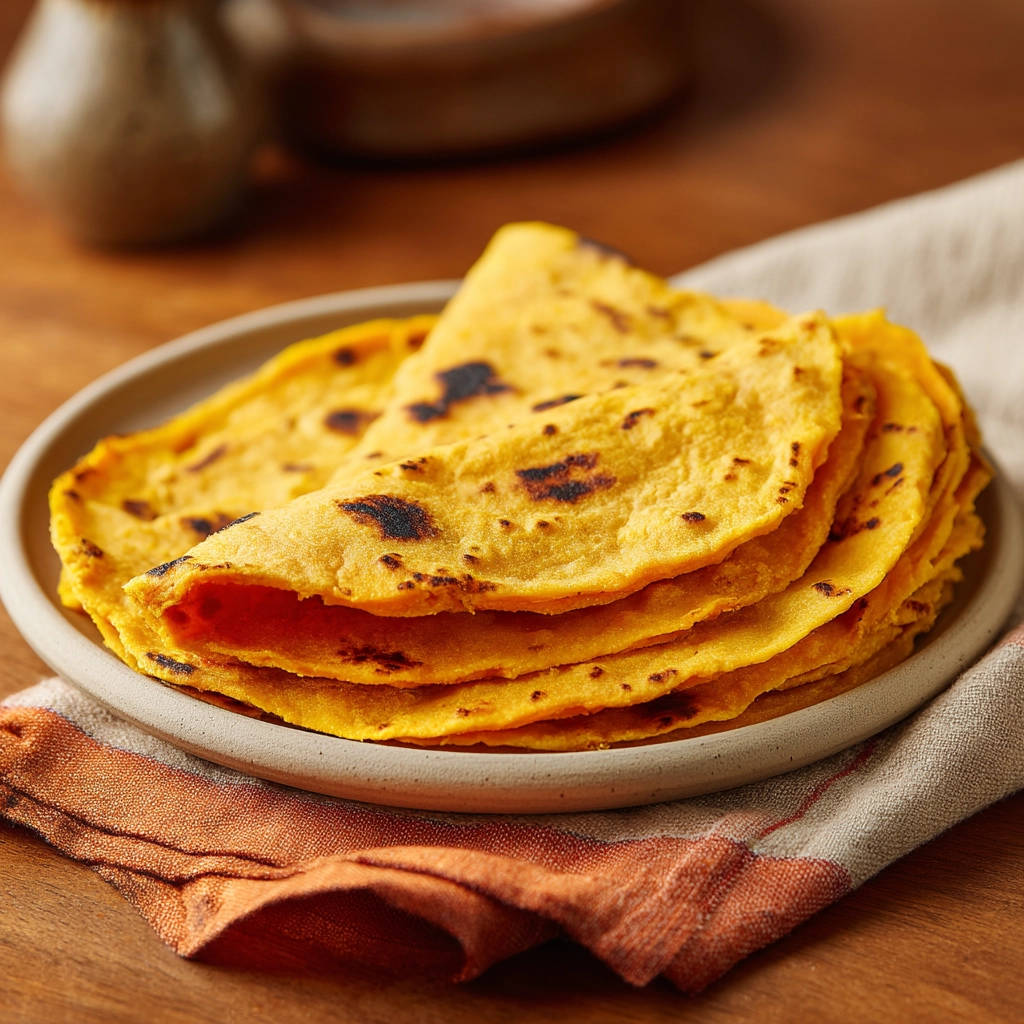 Sweet potato flatbreads are stacked on a plate, showing their soft and flexible texture with slight charring.