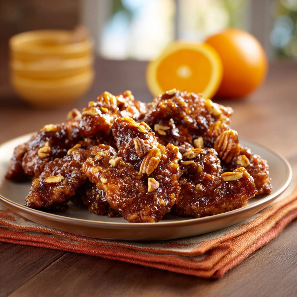 Sweet & Sticky Glazed Chicken with a detailed close-up of the glistening glaze and chopped pecan topping.