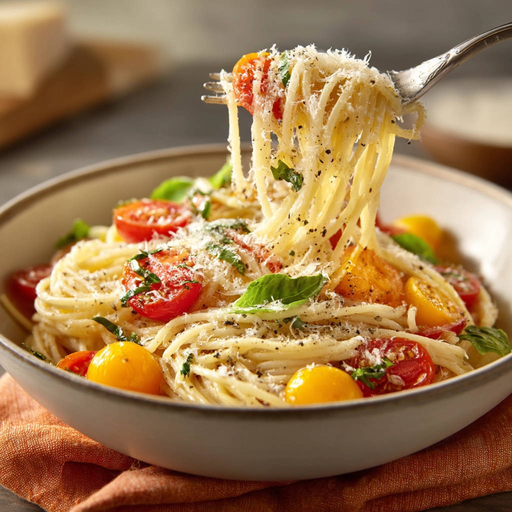 Simple tomato basil spaghetti with a fork twirling a strand, showing cherry tomatoes, basil, and grated cheese.