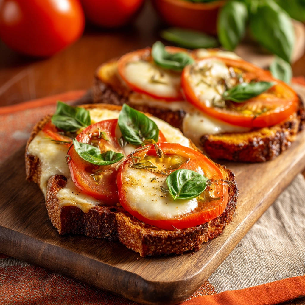 Tomato mozzarella melts on toasted bread, garnished with fresh basil and herbs, presented on a wooden board.