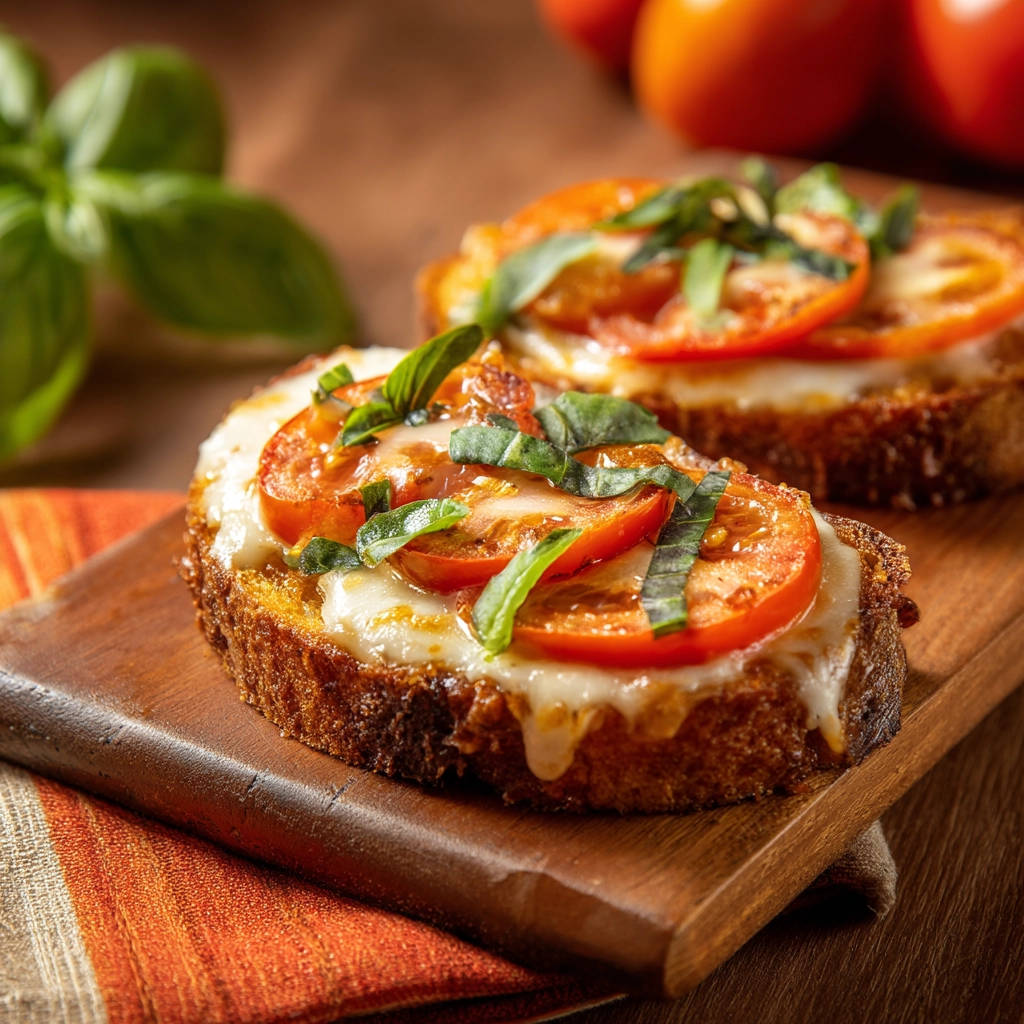 Tomato mozzarella melts with fresh basil leaves and melted cheese, shown in a close-up view of the topping.