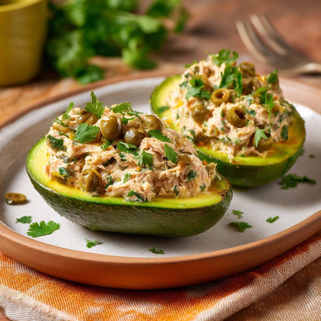 Tuna stuffed avocados recipe shown as two halves generously filled and garnished with olives and parsley.