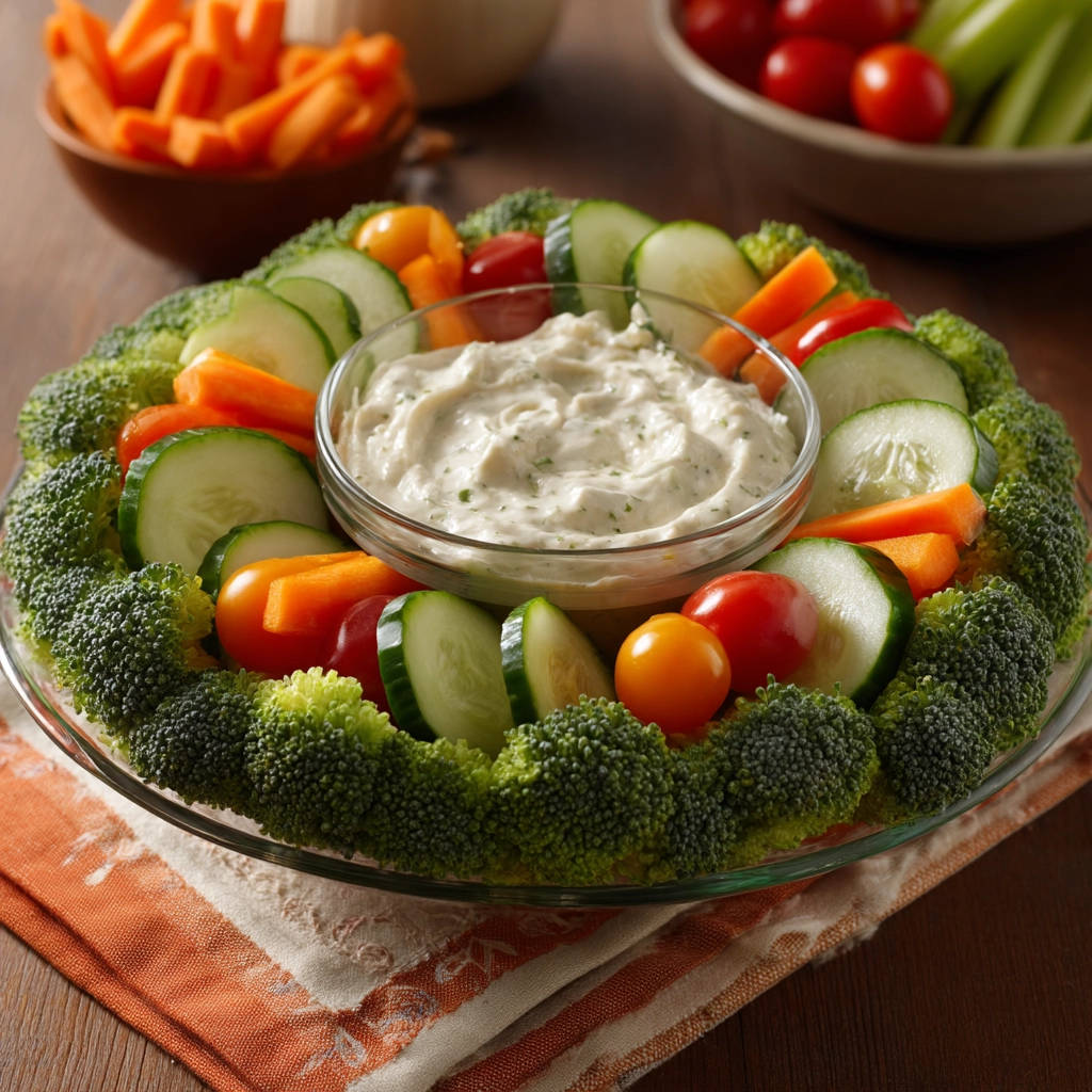 Ultimate Fresh Veggie Platter arranged in a wreath around a creamy herb dip.