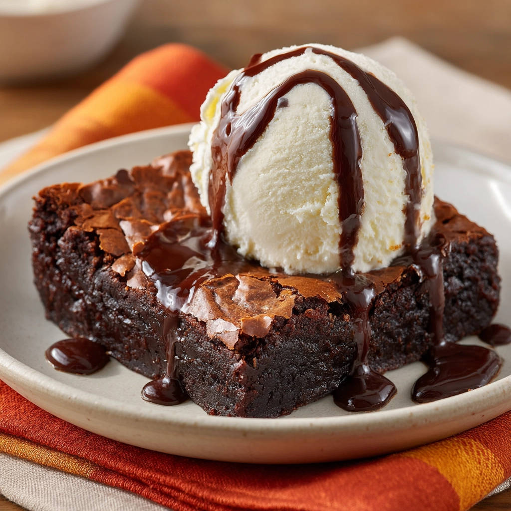Ultimate fudgy brownies topped with a scoop of vanilla ice cream and drizzled with chocolate sauce.