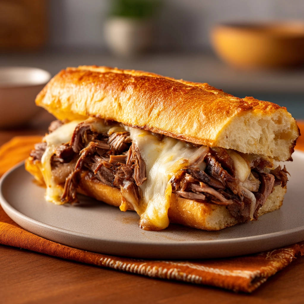 Ultimate shredded beef sandwich with melted cheese oozing out the sides on a plate.