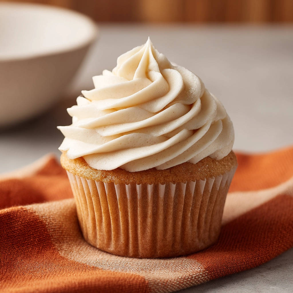 Dreamy vanilla cupcake with perfectly piped swirl frosting shown in a close-up detail shot.