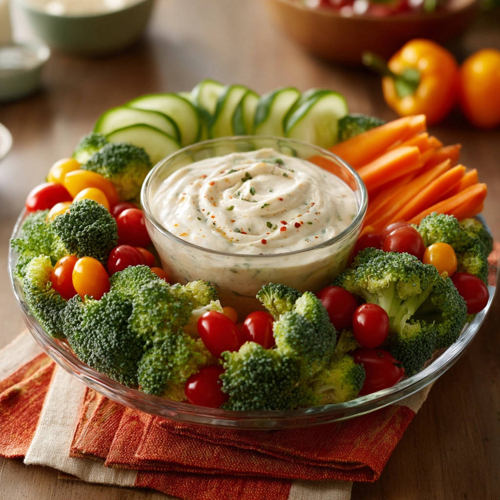 Ultimate fresh veggie platter with a creamy dip in the center, arranged in a circular pattern on a glass dish.