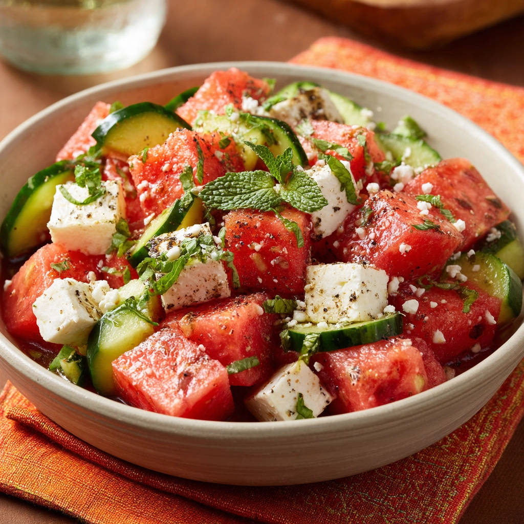 Watermelon feta salad close-up in a bowl, featuring cubed watermelon, cucumber, feta, and mint.