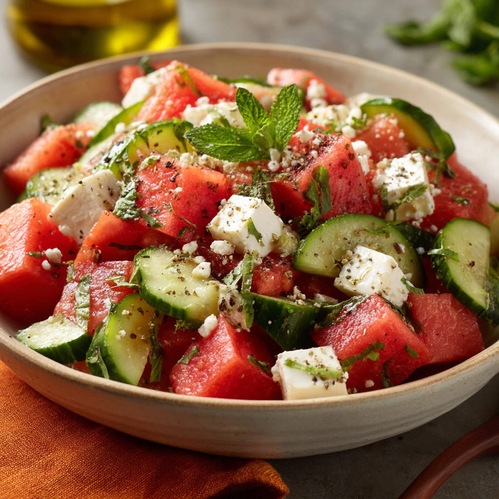 Watermelon feta salad close-up featuring fresh mint leaves and crumbled feta cheese, highlighting the refreshing summer dish.