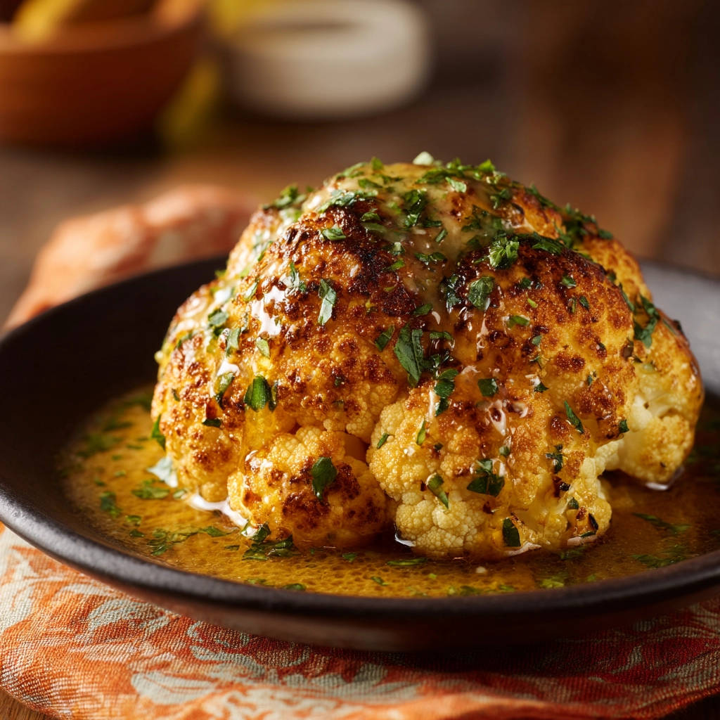 Whole roasted cauliflower drizzled with a rich butter and parsley sauce, presented in a dark bowl.