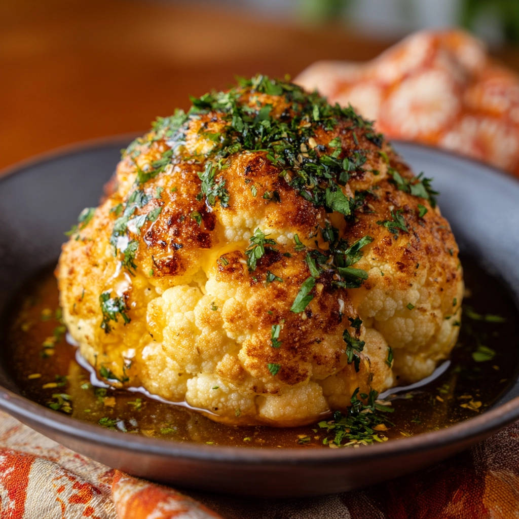 Whole roasted cauliflower glazed with butter and topped with fresh parsley in a dark bowl.