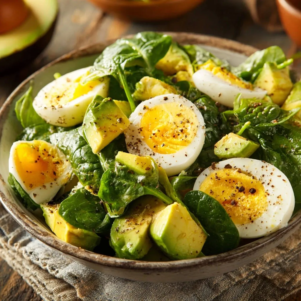 Avocado egg spinach salad featuring a close-up view of halved hard-boiled eggs with runny yolks.