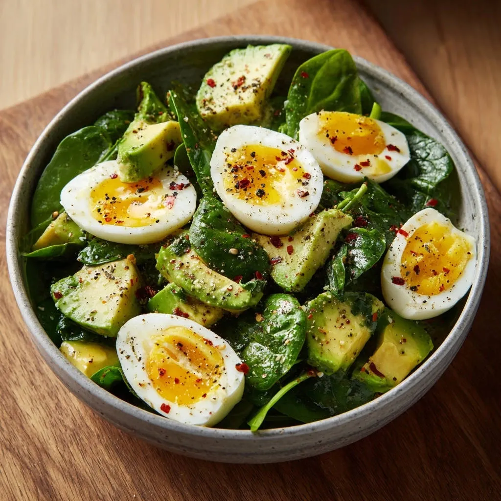 Avocado egg spinach salad with perfect runny eggs, showcasing a close-up view of the halved eggs and fresh ingredients.