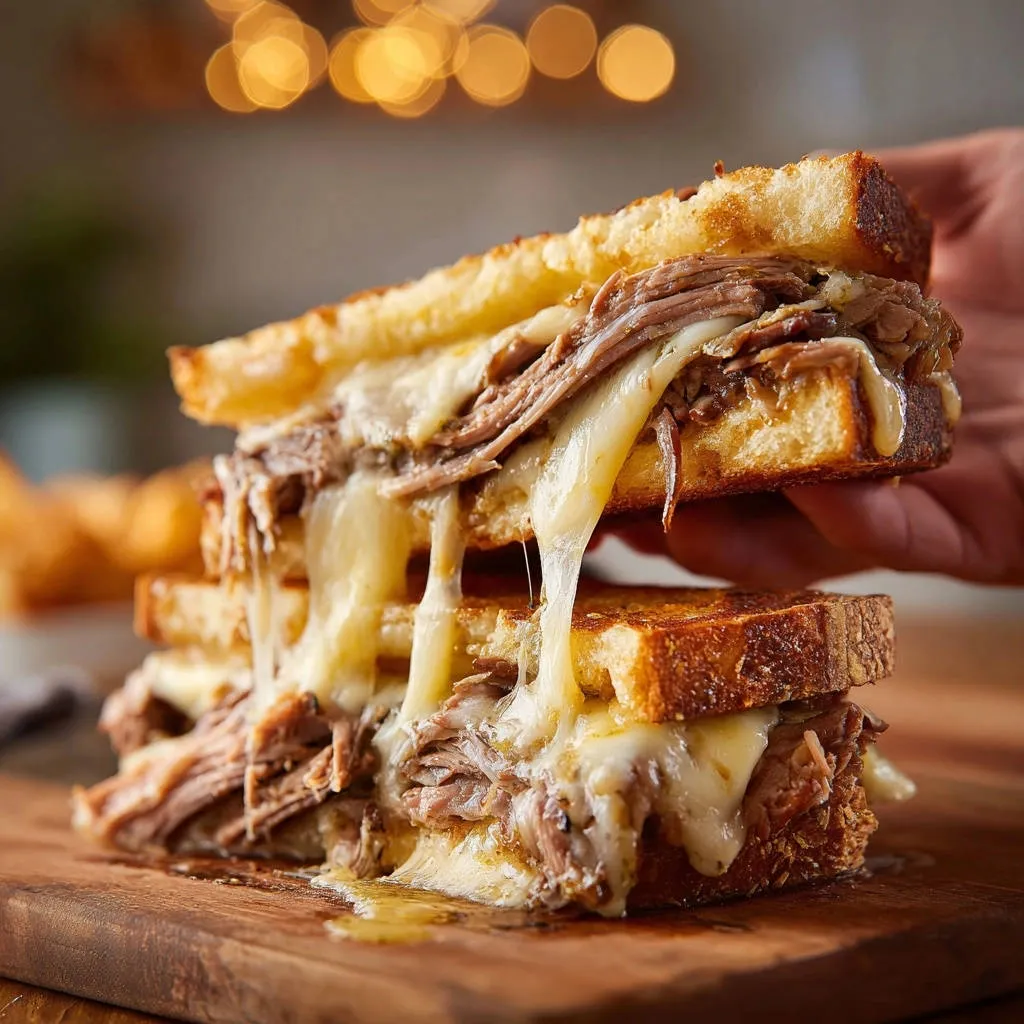 Ultimate Beef and Cheese Melt with gooey strings of melted cheese dripping down.