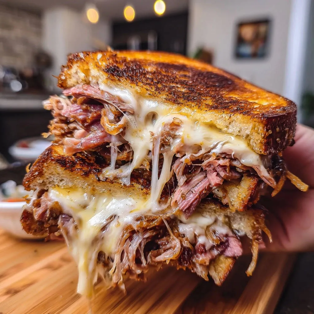Ultimate Beef and Cheese Melt showing a gooey, cheesy interior cross-section with tender shredded beef.