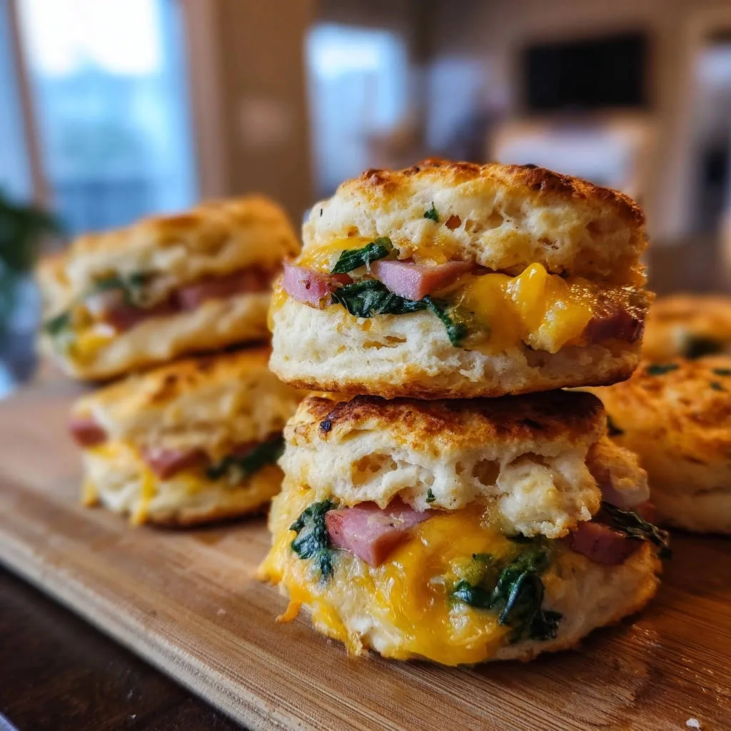 Breakfast biscuit sandwiches stacked high, showing a cross-section of fluffy biscuits filled with ham, spinach, and melted cheese.