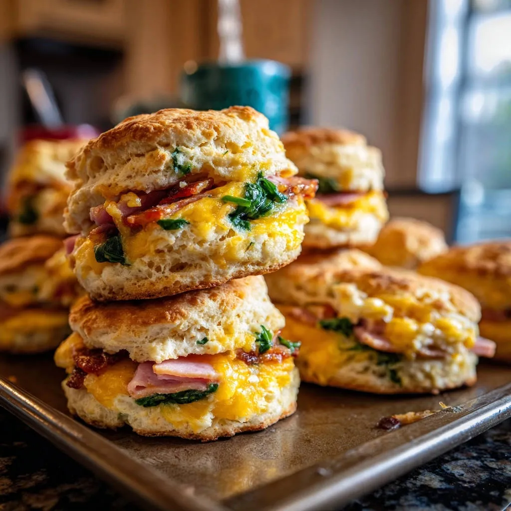 Breakfast biscuit sandwiches stacked on a tray, filled with ham, melted cheese, and spinach.