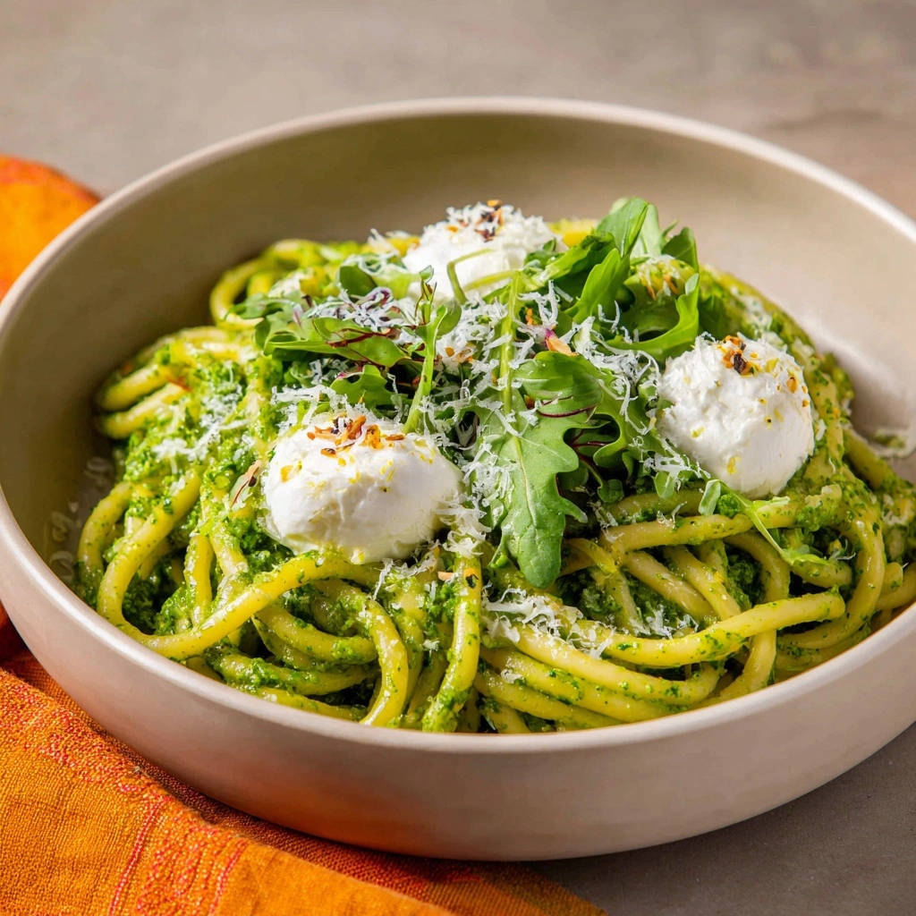 Bucatini with pesto and burrata served in a rustic bowl, showcasing creamy burrata dollops and fresh greens.