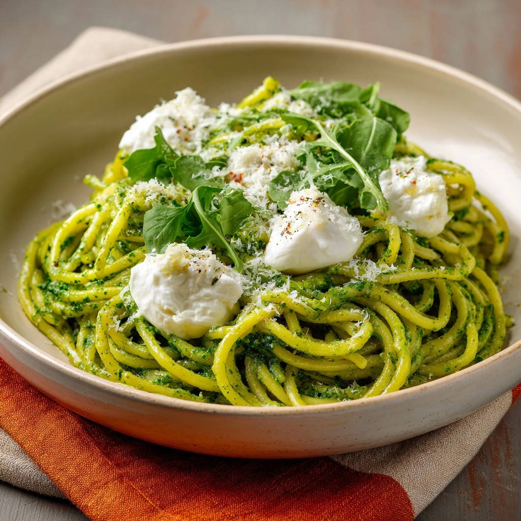 Bucatini with pesto and burrata, featuring a close-up view of creamy burrata cheese dollops and fresh arugula as a topping.