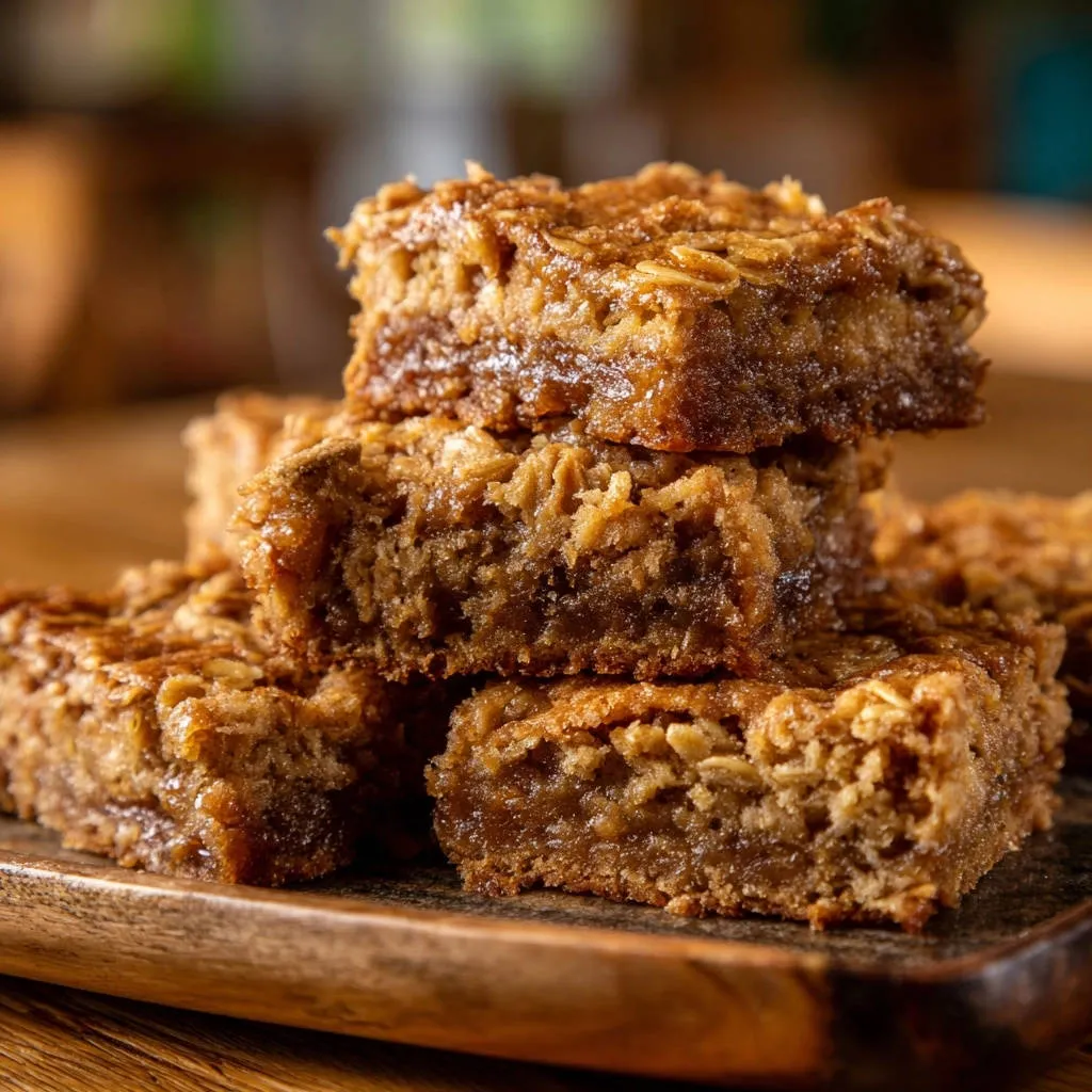 Chewy oatmeal bars guaranteed chewy every time, stacked in a close-up view showing their texture.