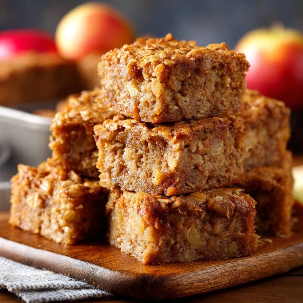 Chewy oatmeal bars are stacked in a close-up view, showcasing their textured interior and oat topping.
