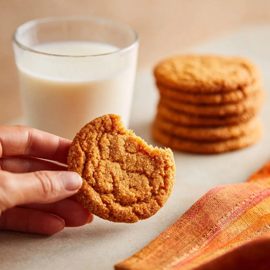 Chewy spiced molasses cookies, a hand holds one cookie with a bite taken out, showing its textured surface.