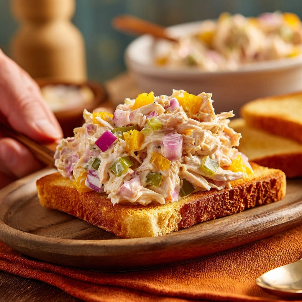 Classic Chicken Salad: Creamy & Easy Recipe served generously on golden toast, a close-up view.